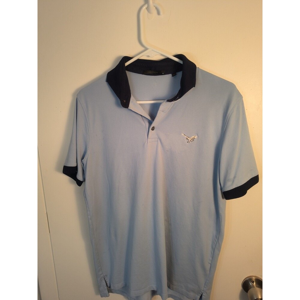 Greyson Clothiers Mens Golf Polo Shirt Medium M Light Blue Navy Collar Wolf Logo